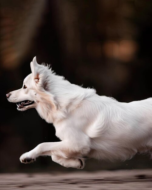 Un chien blanc court la gueule ouverte et les oreilles pointées vers le haut.