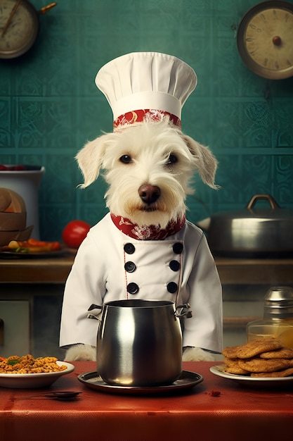 Chien blanc dans un chapeau dans la cuisine