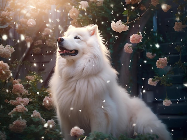 Un chien blanc dans un jardin fleuri