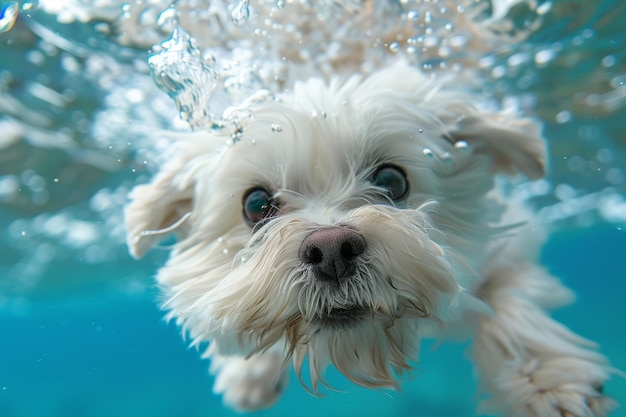 Un chien blanc enjoué nage sous l'eau
