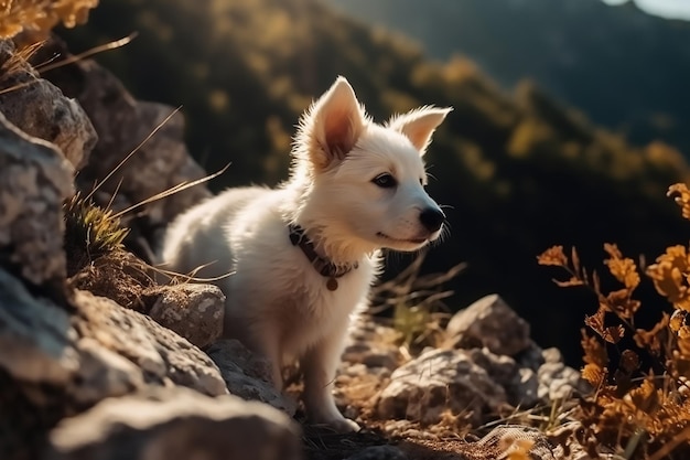 Un chien blanc est assis sur un rebord rocheux devant une montagne.