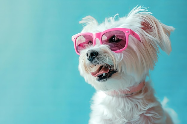 Photo chien blanc avec des lunettes roses sur fond bleu