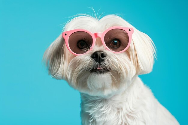 Photo chien blanc avec des lunettes roses sur fond bleu