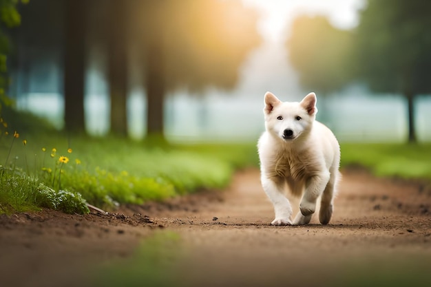 Un chien blanc marche sur un chemin de terre.