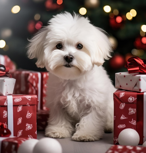 un chien blanc et moelleux devant des cadeaux de Noël
