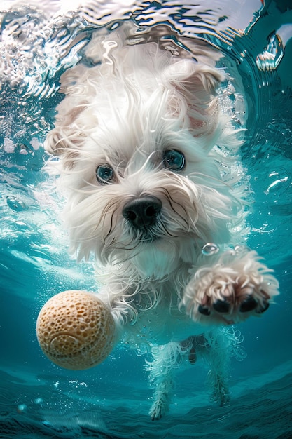 Un chien blanc et moelleux joue avec une balle sous l'eau