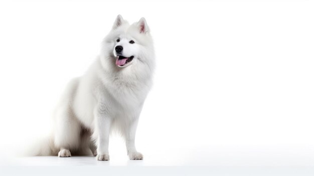 Un chien blanc avec un nez noir et une langue rose.