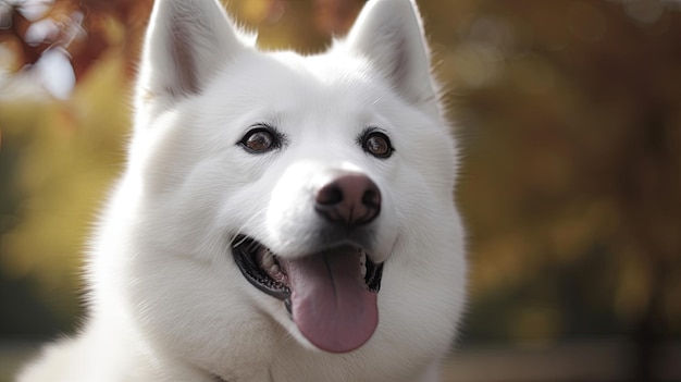 Un chien blanc avec un nez noir et un nez noir est assis devant un arbre d'automne.