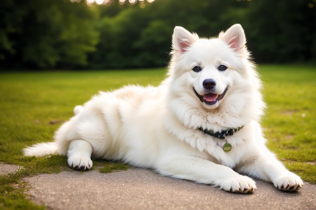 Un chien blanc portant sur un terrain en herbe