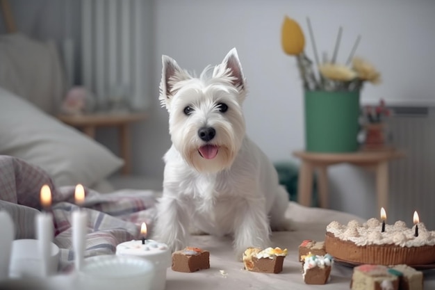 Chien blanc west highland white terrier célébrant un anniversaire avec un gâteau et des cadeaux