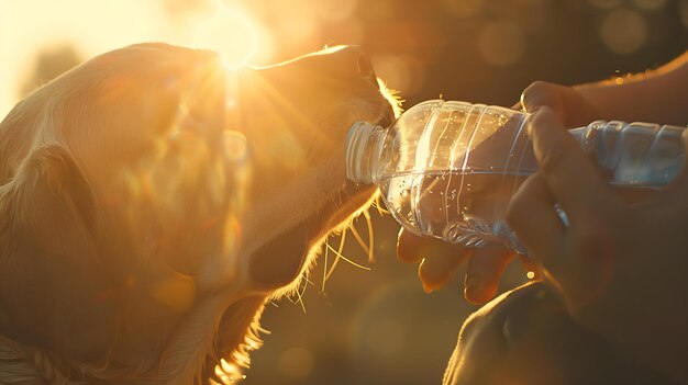 Le chien boit de l'eau dans une bouteille en plastique Le propriétaire de l'animal de compagnie s'occupe de son labrador.