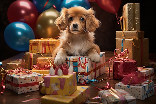 chien avec boîte d'anniversaire et ballons