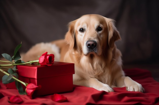 Un chien et une boîte cadeau avec des roses dessus