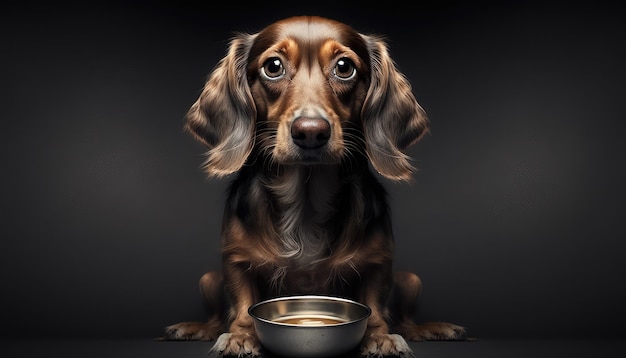 Un chien avec un bol de nourriture devant lui