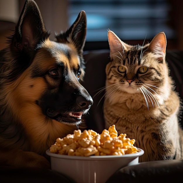 Un chien et un bol de pop-corn sont à côté.