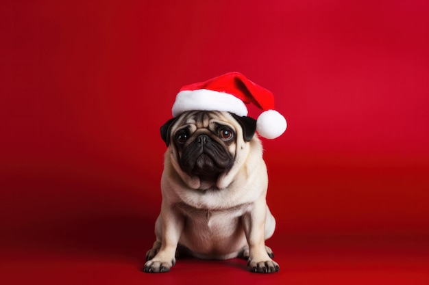 Chien avec Bonnet de Noel sur fond rouge