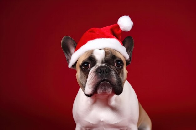 Chien avec Bonnet de Noel sur fond rouge