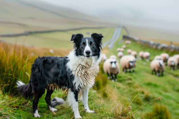 Le chien border collie de l'alerte fait paître des moutons dans un paysage rural brumeux avec des collines vallonnées