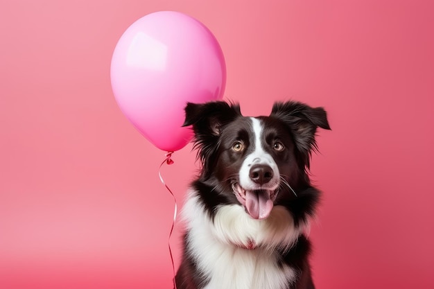 Chien border collie avec ballon sur fond rose