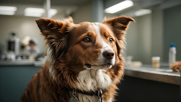 Chien Border Collie brun lors d'une visite chez le vétérinaire Ai Generated