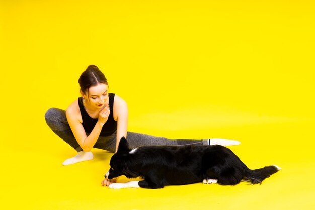 Chien border collie et femme de fitness sportive devant un fond jaune-rouge