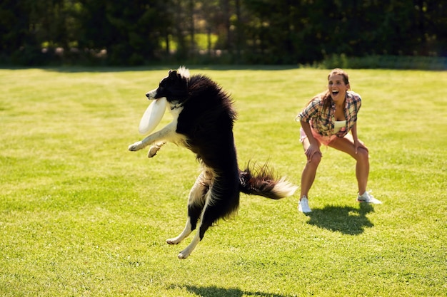 chien border collie et une femme sur un terrain d'agilité