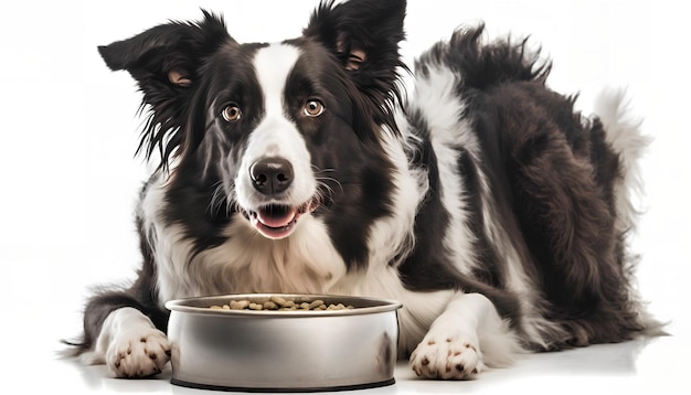 Un chien border collie mange de la nourriture dans un bol.