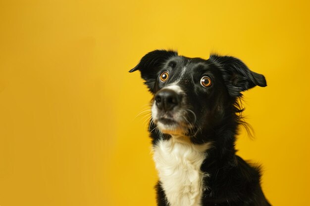 Le chien border collie regarde vers le haut avec des yeux intenses sur un fond jaune