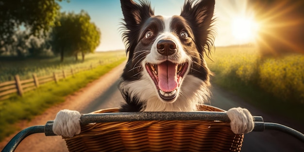 Chien Border Collie s'amuser en vélo le matin ensoleillé en été sur la rue de la ville