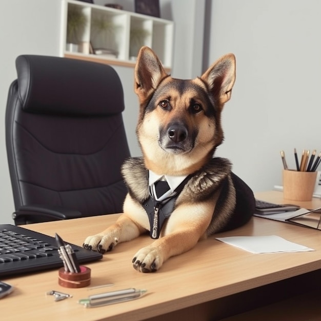 Photo un chien boss au bureau derrière un bureau par generative ai