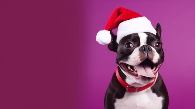 Un chien Boston Terrier heureux et joyeux dans un chapeau de Père Noël sourit et tire la langue