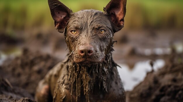 Un chien boueux dans un portrait environnemental évocateur