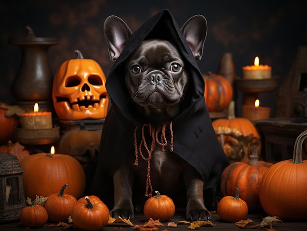 Chien bouledogue français habillé sur le thème d'Halloween Généré avec l'IA