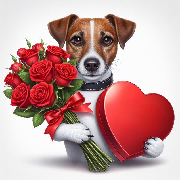 Un chien avec un bouquet de roses rouges et une boîte en forme de cœur