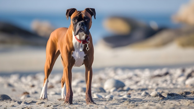 un chien boxer sur une plage avec des rochers en arrière-plan