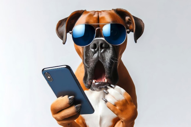 Un chien boxeur choqué avec des lunettes de soleil tenant un smartphone sur un fond blanc