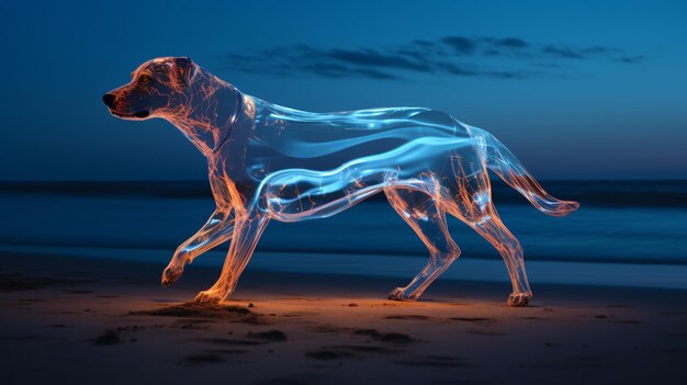 Photo un chien brillant dans le style des rayons x courant sur la plage