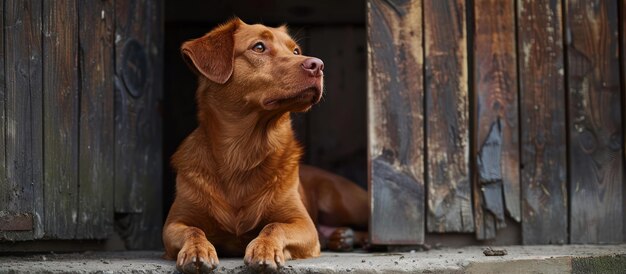 Un chien brun assis sur un sol en bois