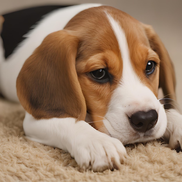 un chien brun et blanc allongé sur un tapis avec les yeux ouverts