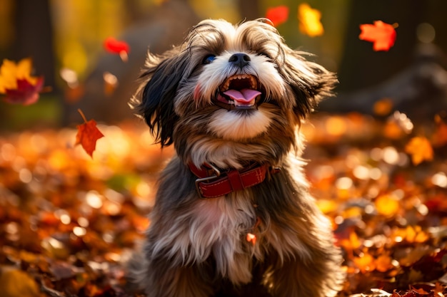 Un chien brun et blanc assis sur une pile de feuilles AI générative