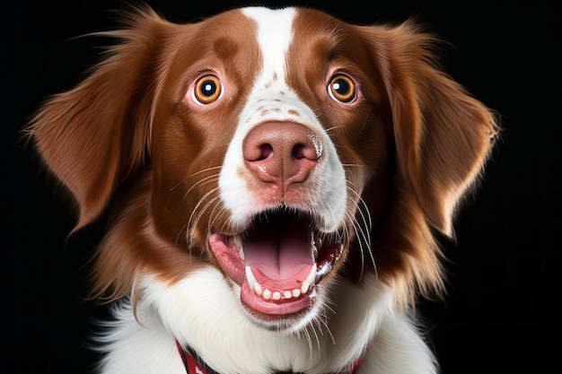 un chien brun et blanc avec la bouche ouverte