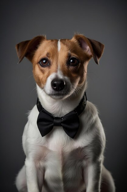 Photo un chien brun et blanc avec un collier noir sourit et regarde la caméra