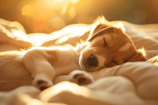 Photo un chien brun et blanc qui dort sur un lit.