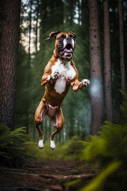 Chien brun et blanc sautant en l'air devant la forêt AI générative