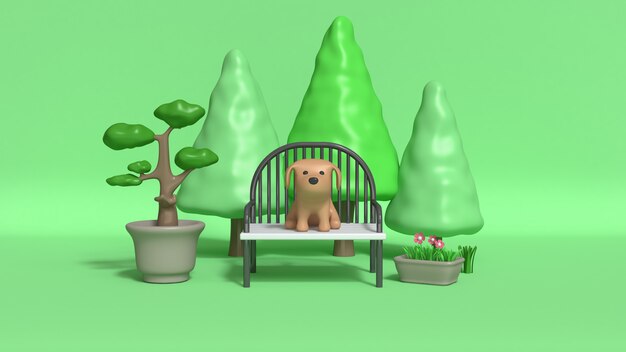 Chien brun sur une chaise dans le jardin rendu 3d