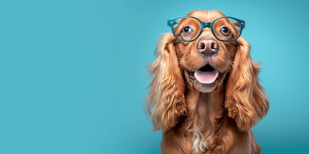 Photo chien brun cocker souriant mignon avec des lunettes ia générative