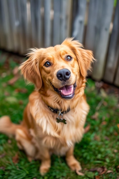 Un chien brun avec un collier debout dans l'herbe et regardant la caméra.