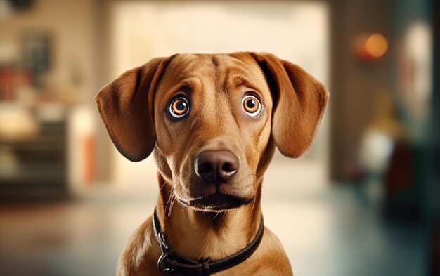 un chien brun avec un collier noir et des yeux de chien brun