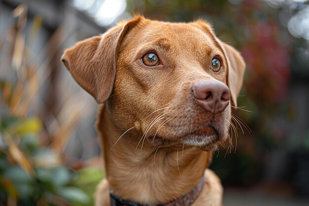 Photo un chien brun avec un collier qui dit que le chien regarde vers le haut