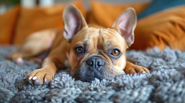 Un chien brun couché sur un tapis bleu